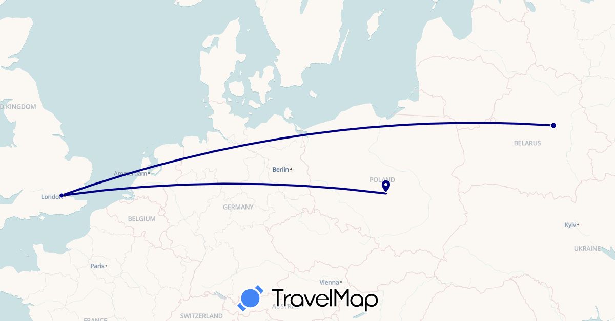 TravelMap itinerary: driving in Belarus, United Kingdom, Poland (Europe)